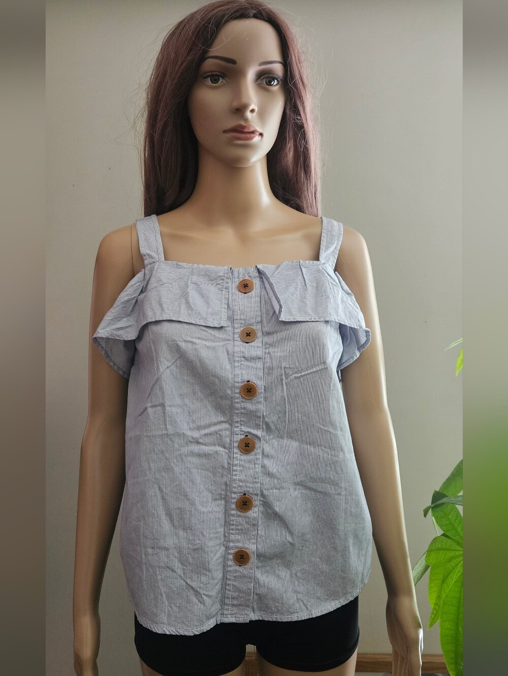 Maeve Anthro Light Blue Ruffle Top Button Front Sleeveless Vertical Pinstripes